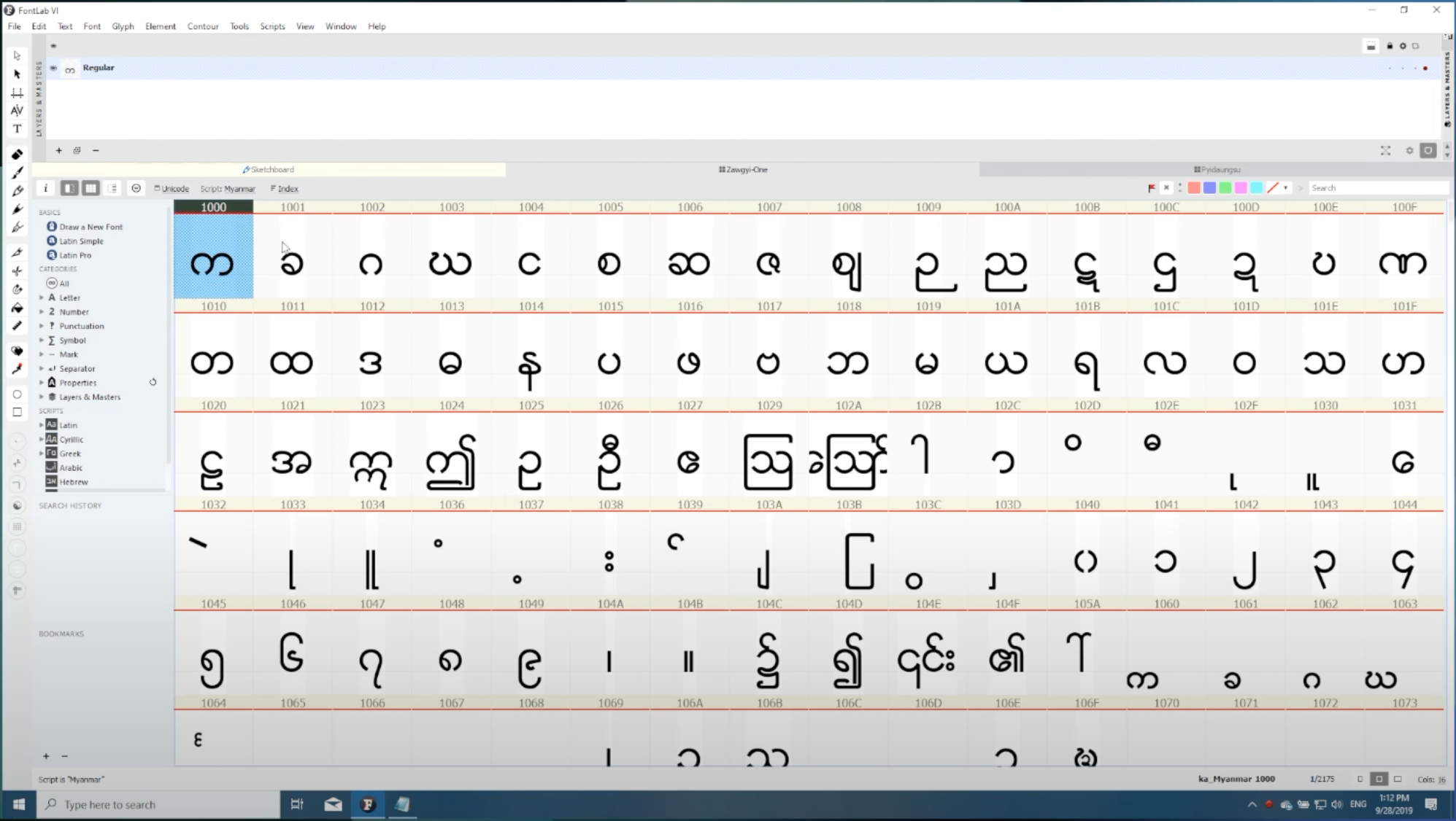Unicode ရဲ့ Code Point တွေကို FontLab မြင်တွေ့ရပုံ